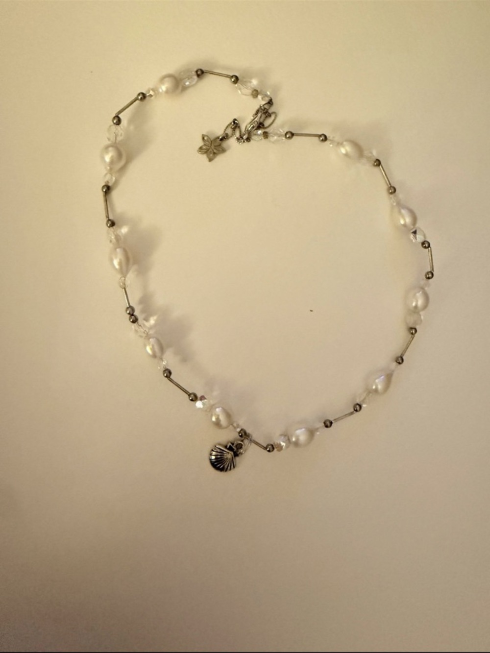 Hand Crafted White Pearl and Clear Crystal Necklace
